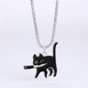 Black Cat Knife Pendant Necklace Hip Hop Style Zinc Alloy Chain